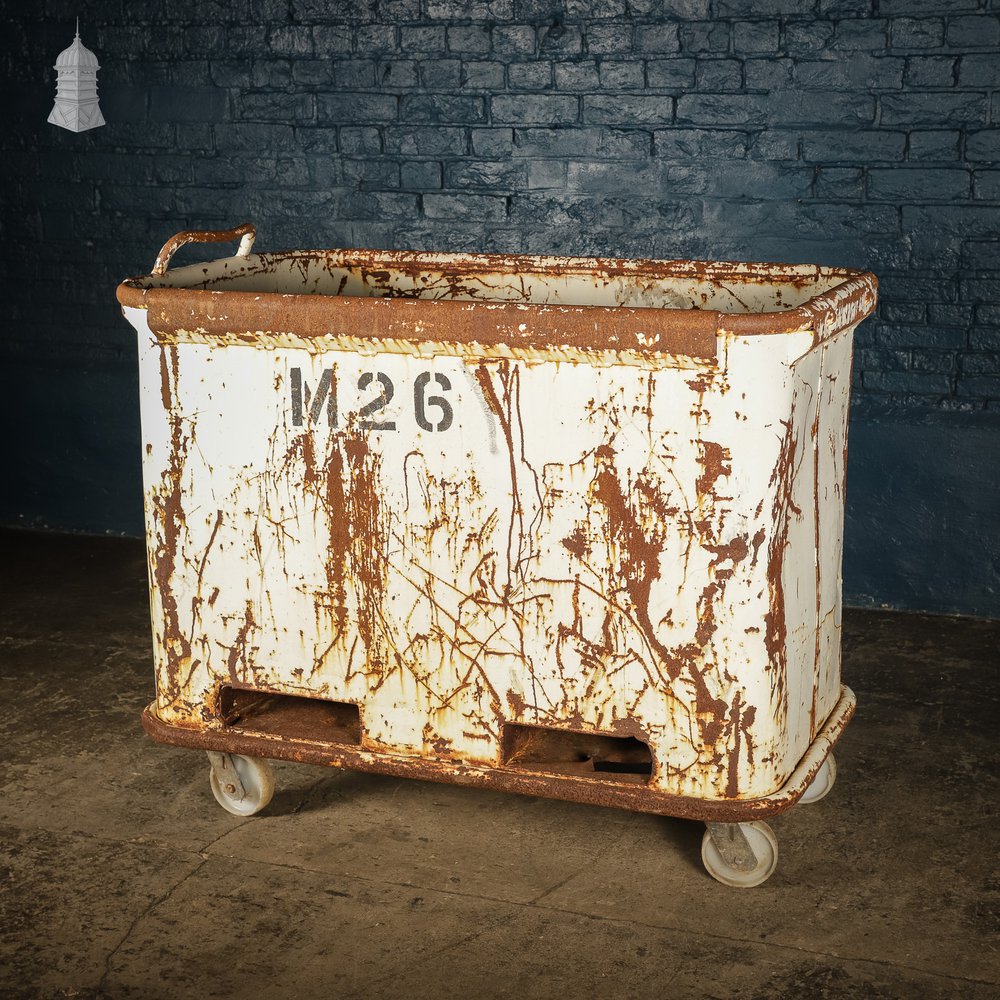 Large Wheeled Industrial Steel Bin with Distressed White Painted Finish