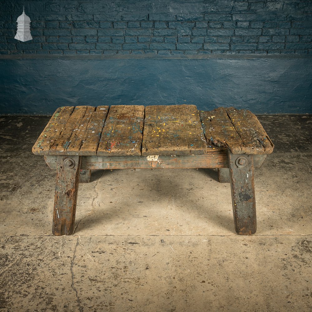 Industrial Workbench Table, Vintage Workshop Trestle Coffee Table