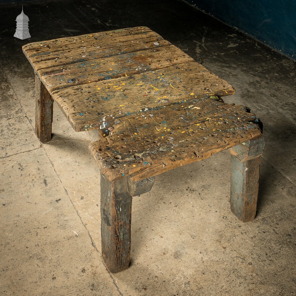 Industrial Workbench Table, Vintage Workshop Trestle Coffee Table