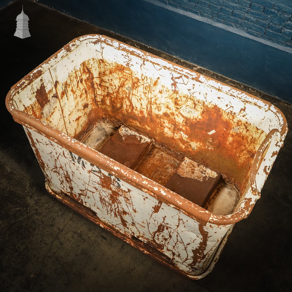 Large Wheeled Industrial Steel Bin with Distressed White Painted Finish