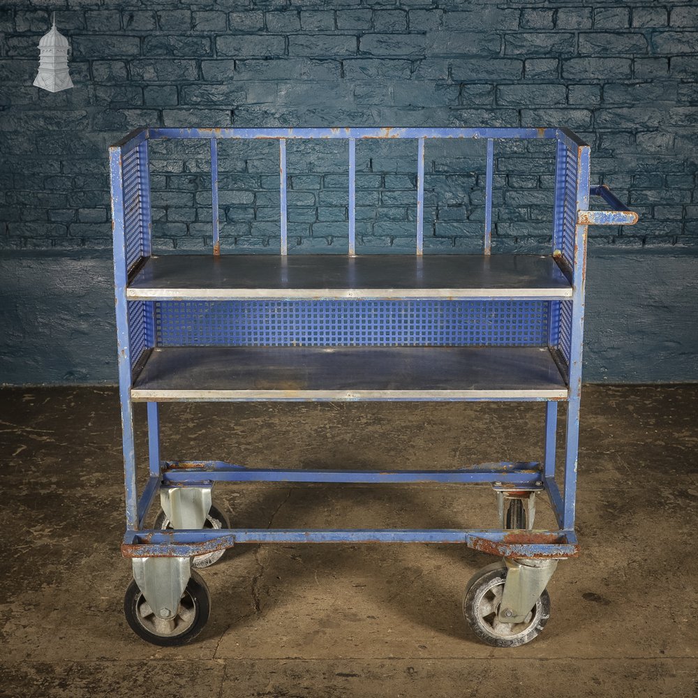 Vintage Blue Steel Wheeled Industrial Trolley Shelf Unit