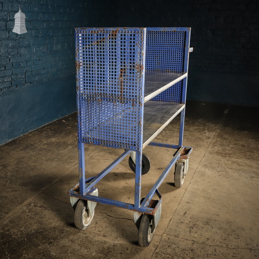 Vintage Blue Steel Wheeled Industrial Trolley Shelf Unit