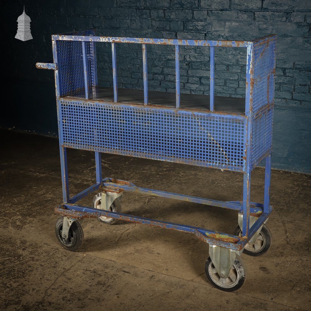 Vintage Blue Steel Wheeled Industrial Trolley Shelf Unit