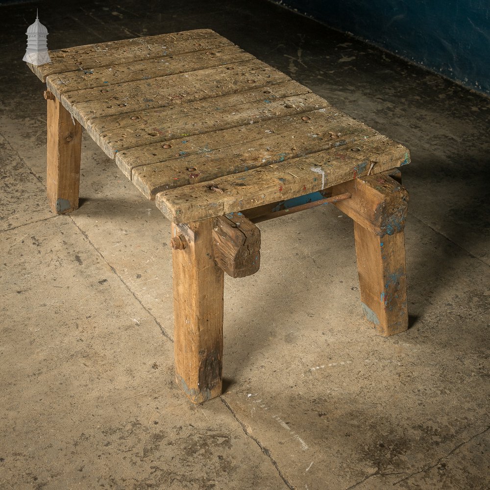 Industrial Workbench Table, Vintage Workshop Trestle Coffee Table