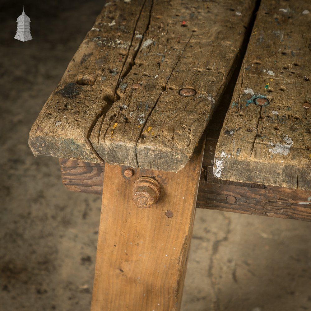 Industrial Workbench Table, Vintage Workshop Trestle Coffee Table