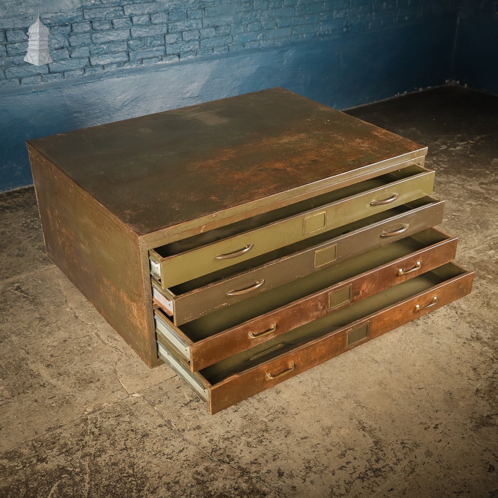 1920s Green Painted Steel 4 Drawer Plans Cabinet