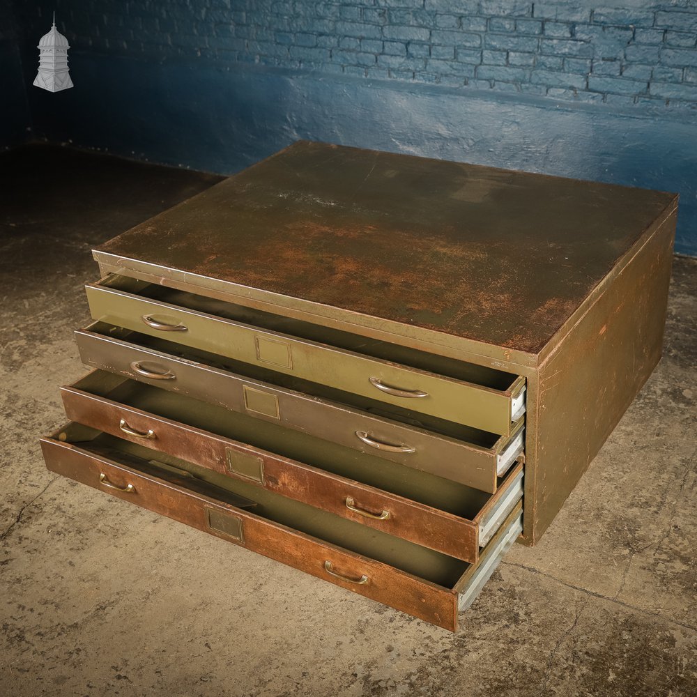 1920s Green Painted Steel 4 Drawer Plans Cabinet