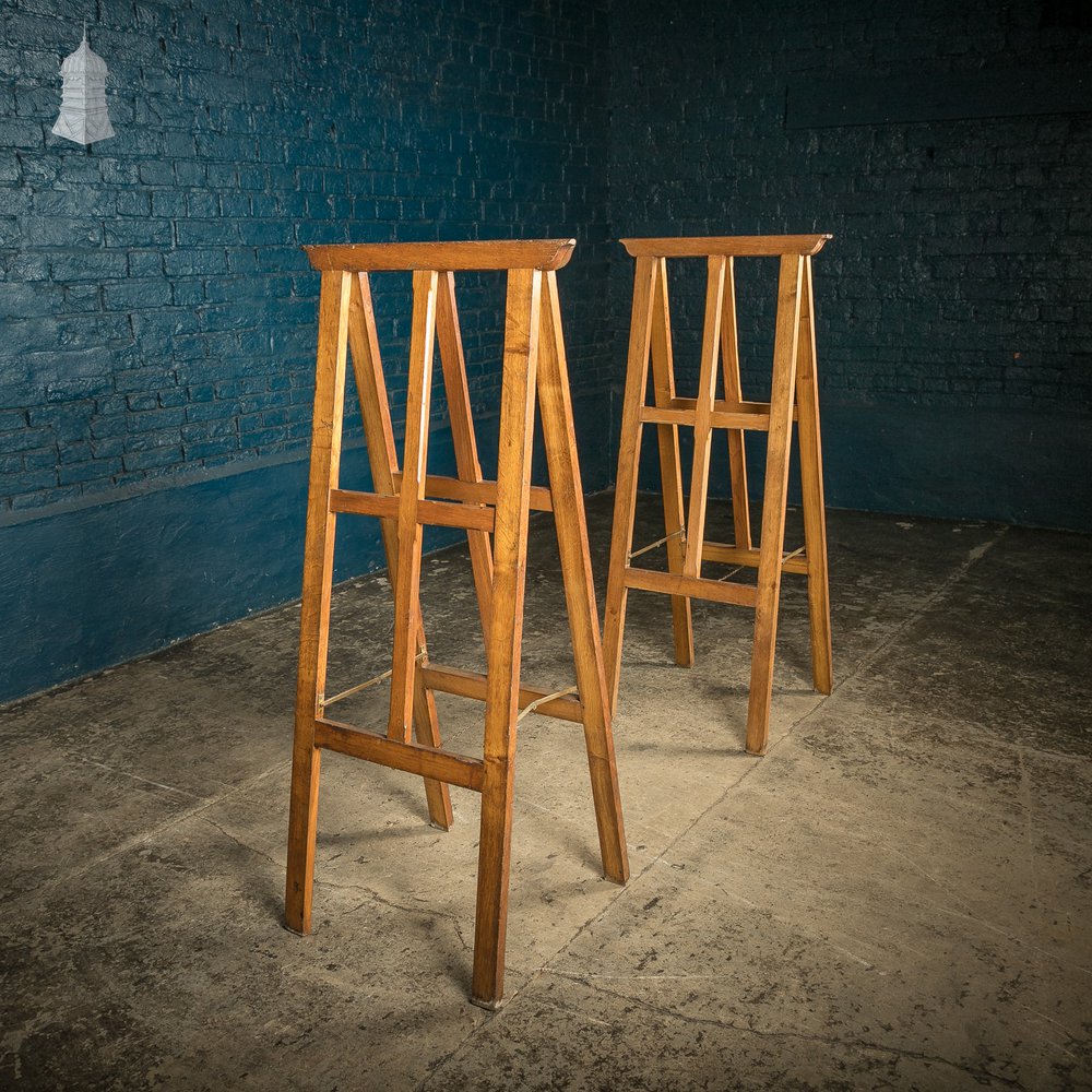 Tall Trestle Coffin Stands, 19th C Oak with Brass hardware, Pair