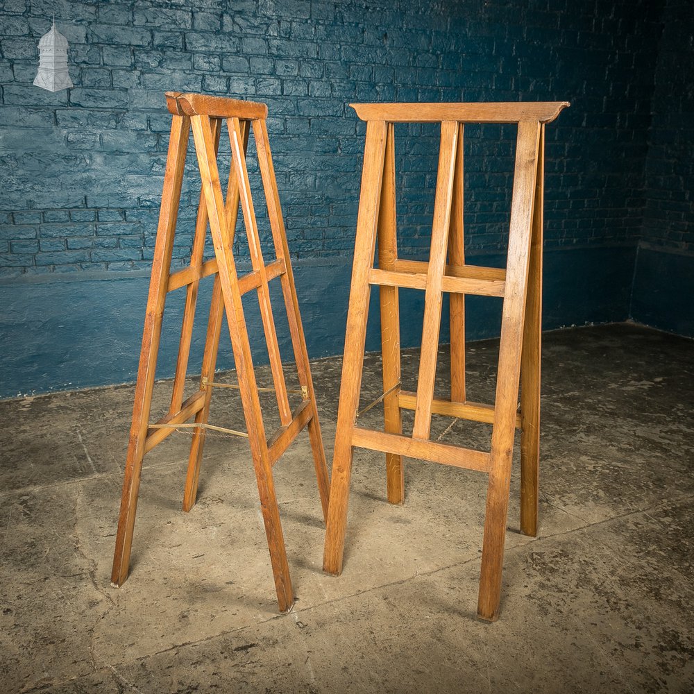 Tall Trestle Coffin Stands, 19th C Oak with Brass hardware, Pair