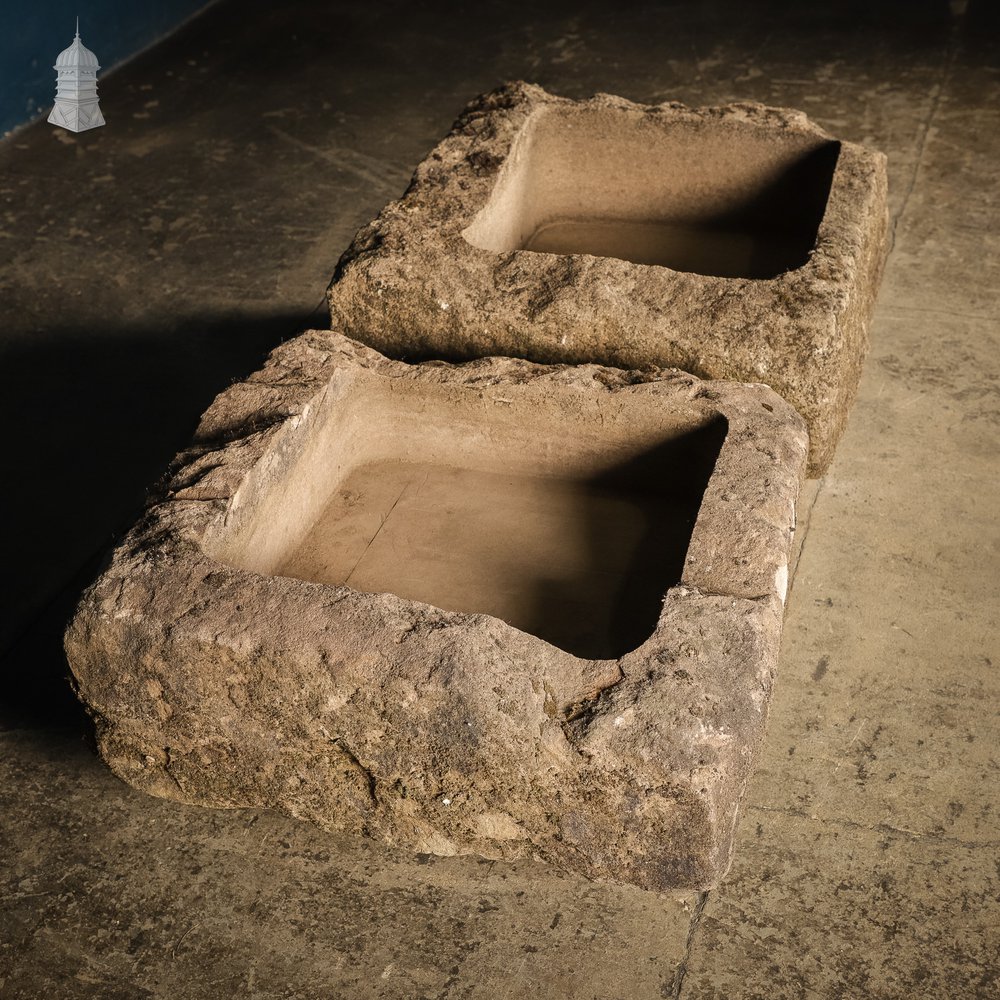 Pair of Weathered Carved Stone Trough Planters