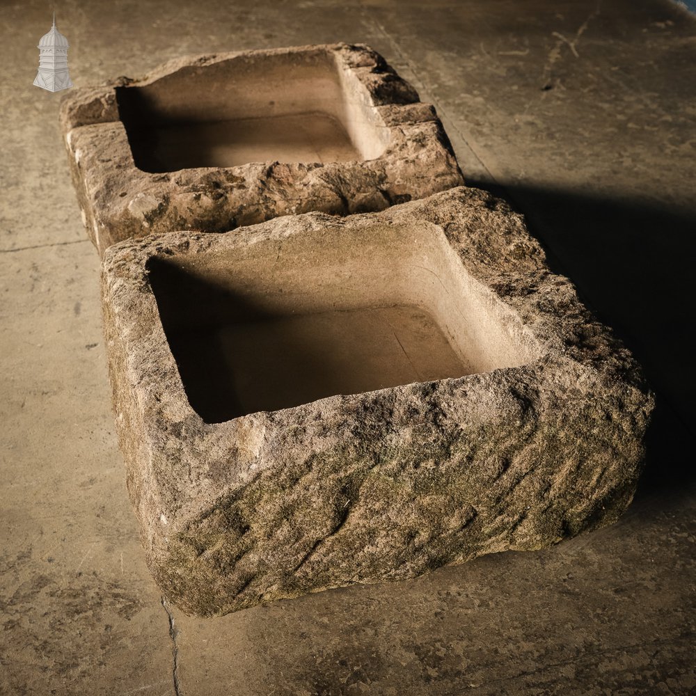 Pair of Weathered Carved Stone Trough Planters