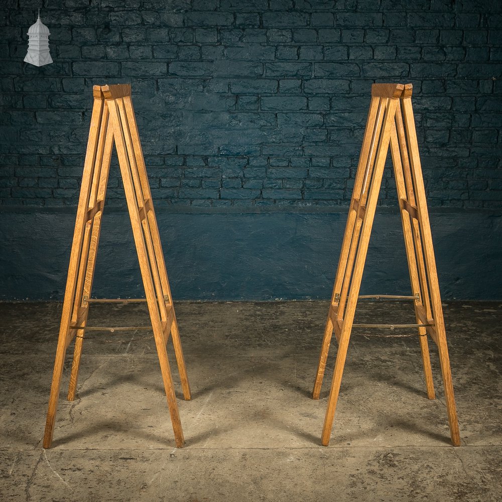 Tall Trestle Coffin Stands, 19th C Oak with Brass hardware, Pair