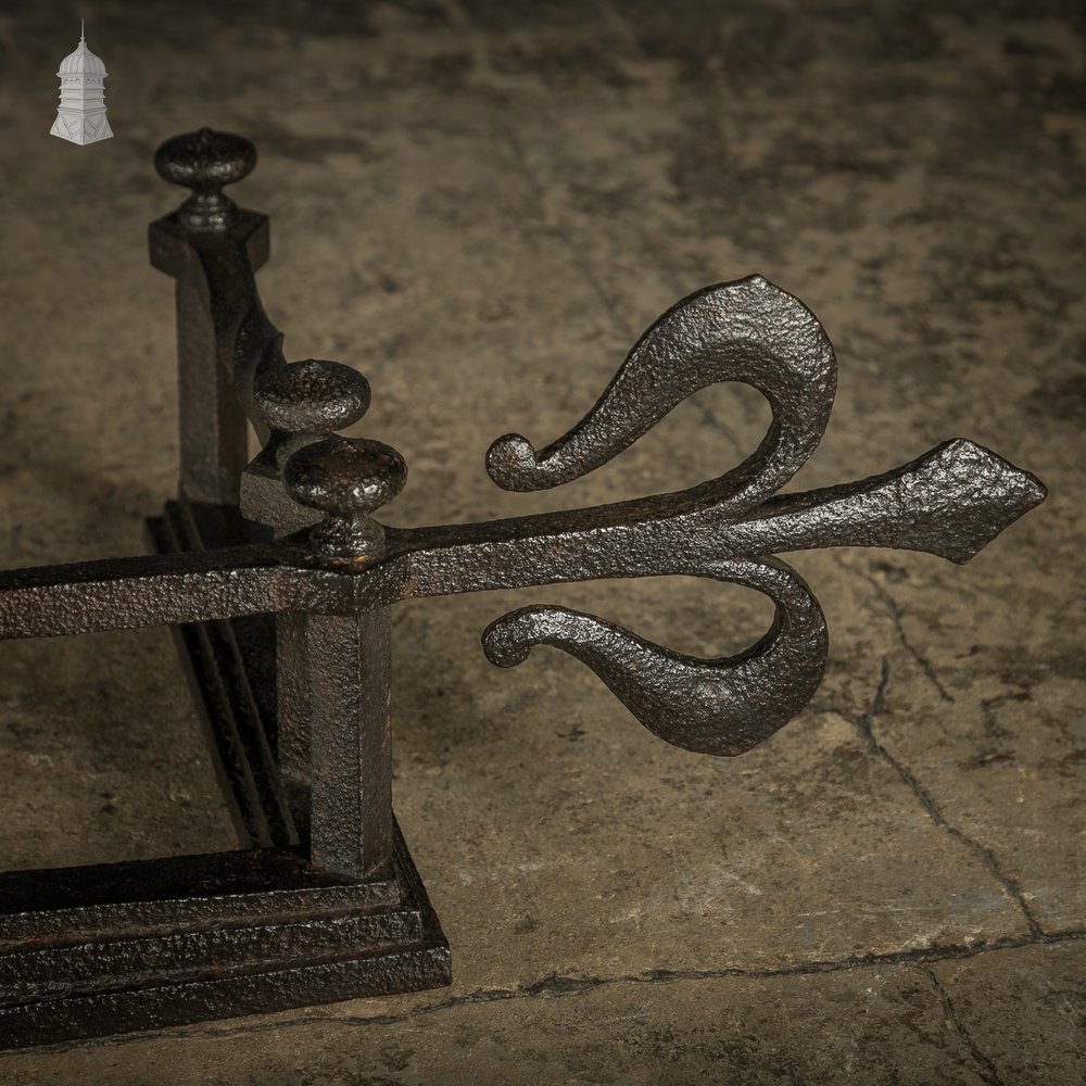 Fireplace Fender, Early 19th C Wrought Iron with Twist and Fleur De Lis