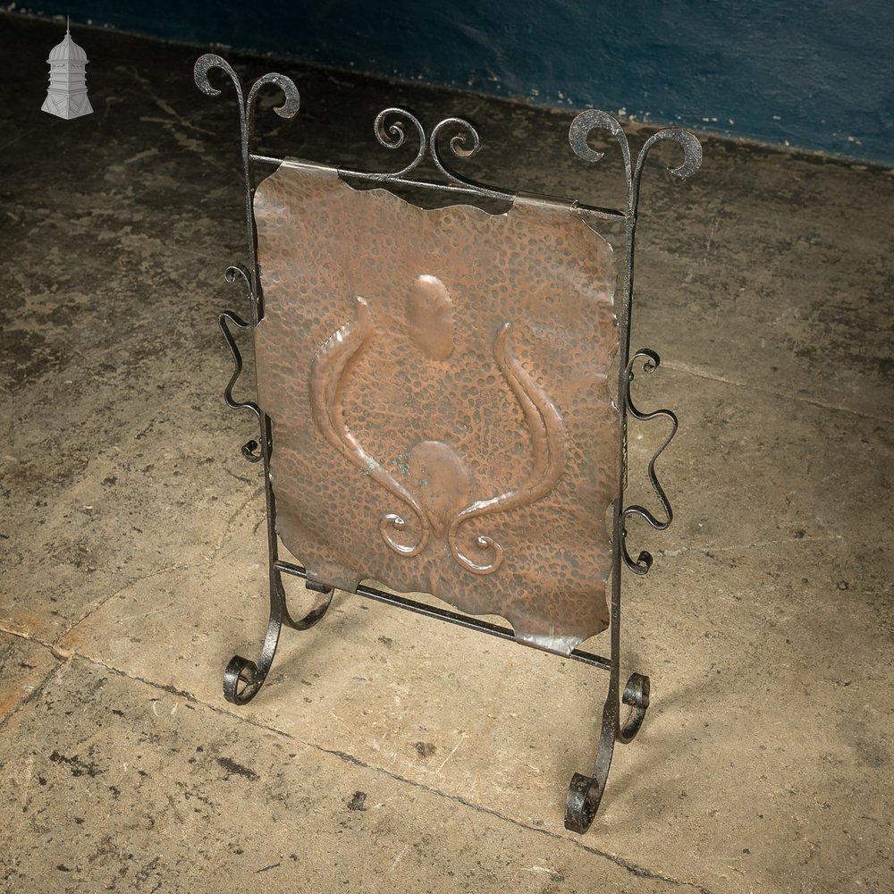 Fire Screen Guard, Wrought Iron and Beaten Copper with Scroll Design