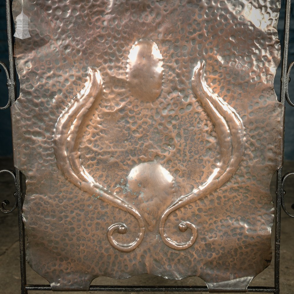 Fire Screen Guard, Wrought Iron and Beaten Copper with Scroll Design