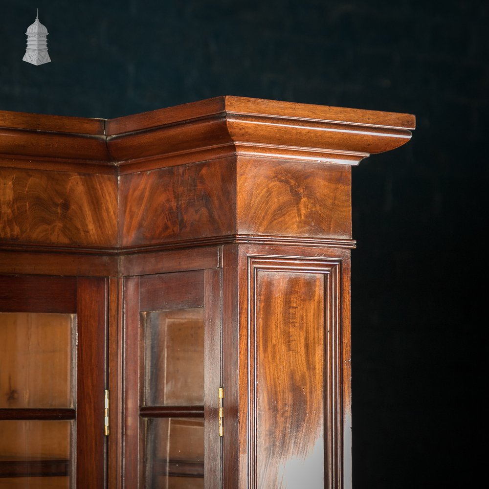 Flame Mahogany Bookcase - Inverted Breakfront, Glazed Pilasters