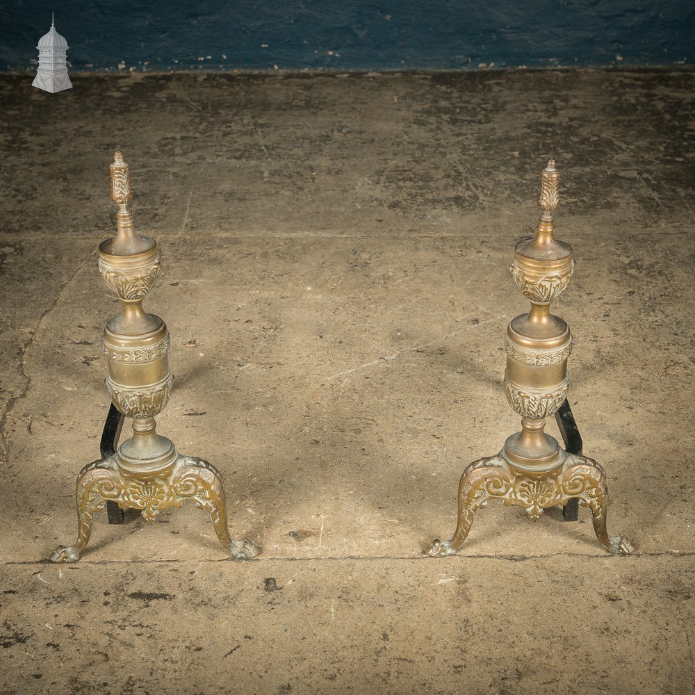 Fire Dog Andirons, Ornate Brass Pair