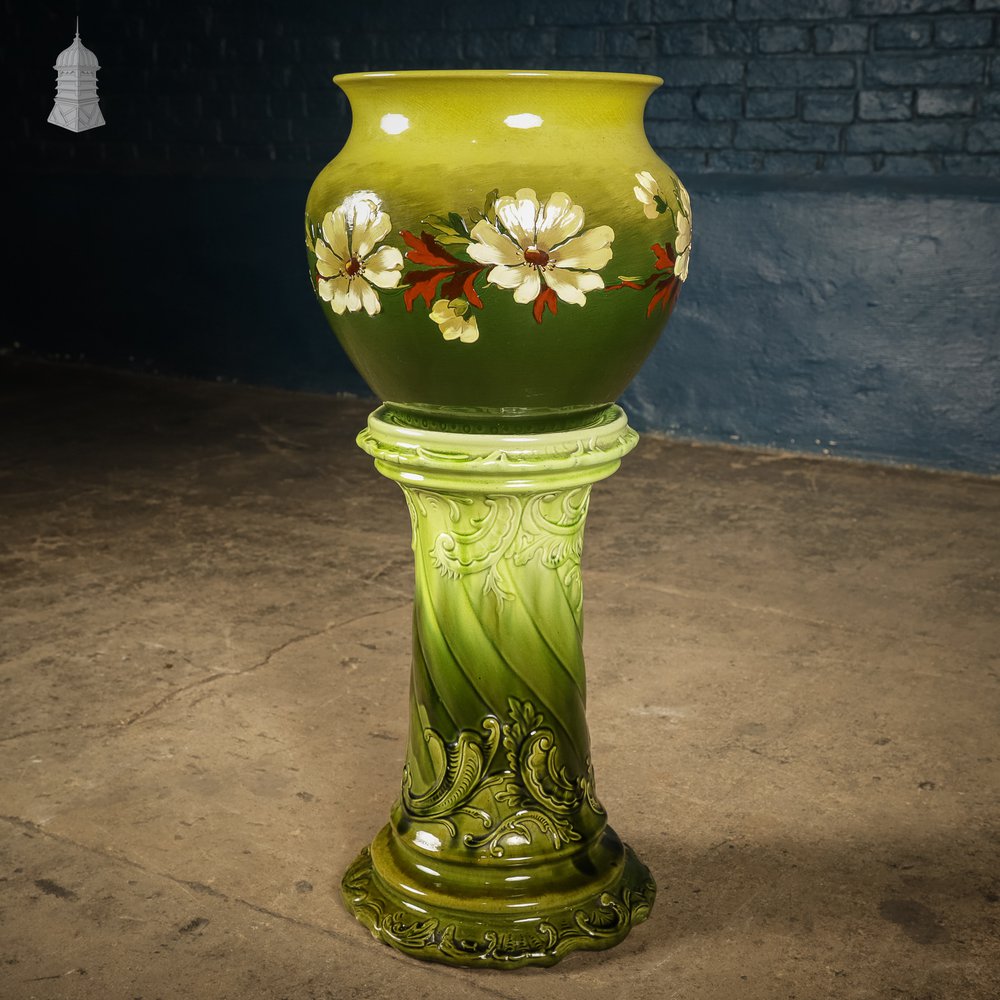 19th C Green Ceramic Floral Jardinière and Stand