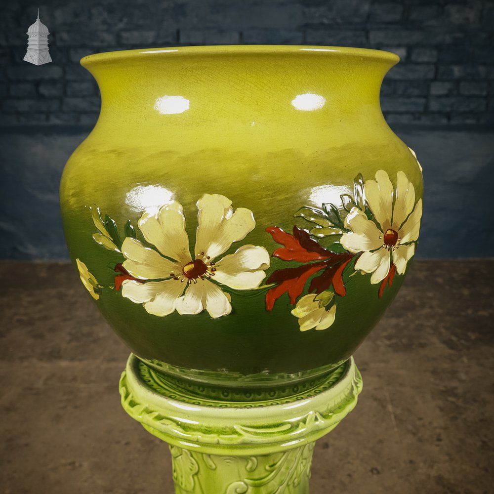 19th C Green Ceramic Floral Jardinière and Stand