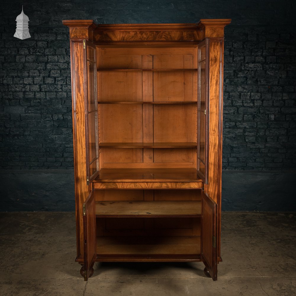 Flame Mahogany Bookcase - Inverted Breakfront, Glazed Pilasters