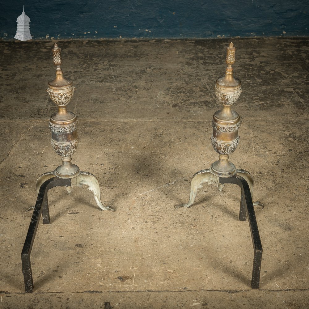 Fire Dog Andirons, Ornate Brass Pair