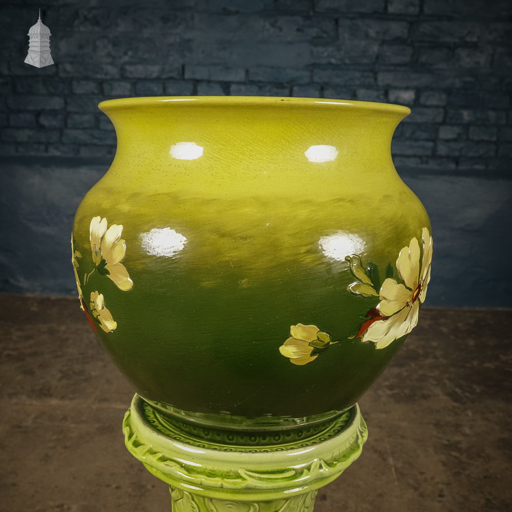 19th C Green Ceramic Floral Jardinière and Stand