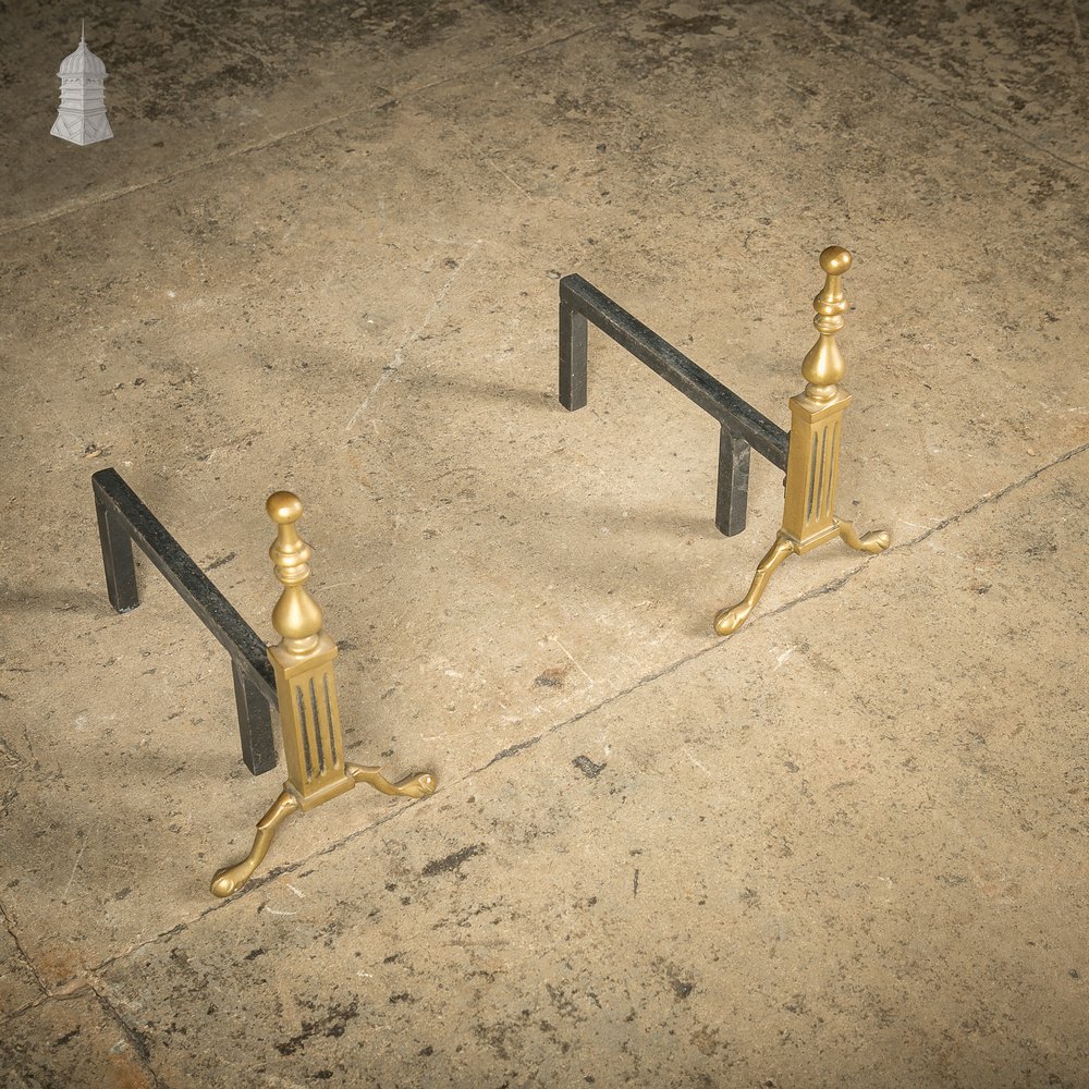 Fire Dog Andirons, Brass Pair with Fluted Details