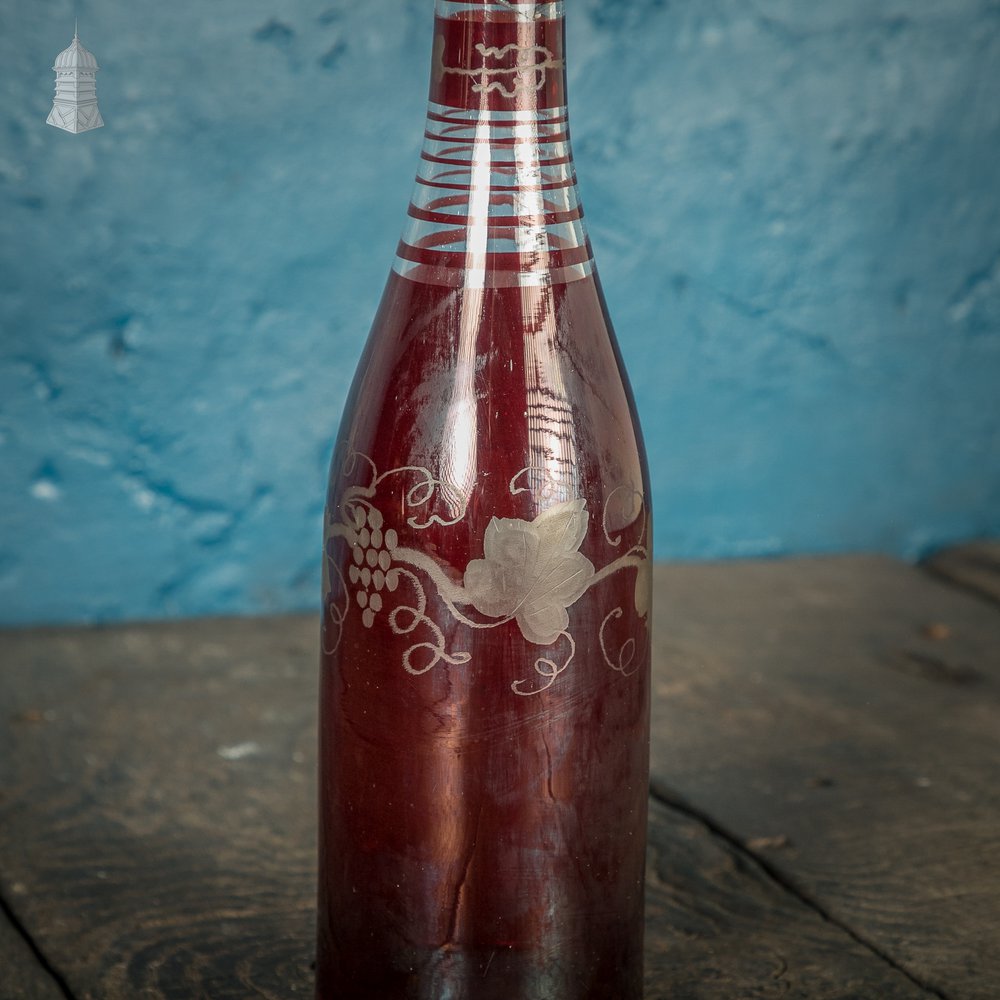 Bohemian Ruby Decanter, Etched Flashed Ruby Red Glass Cut to Clear Decorated with Grapes and Vines, 19th C