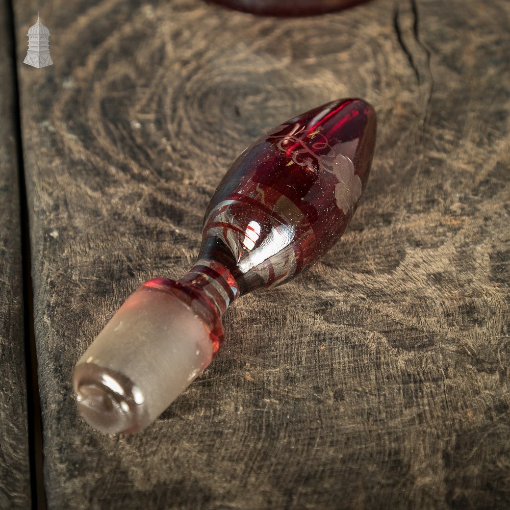 Bohemian Ruby Decanter, Etched Flashed Ruby Red Glass Cut to Clear Decorated with Grapes and Vines, 19th C