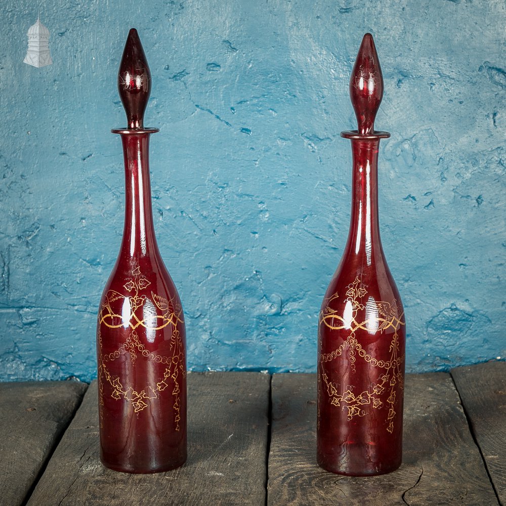 Bohemian Ruby Decanters, Etched Flashed Ruby Red Glass Decorated with Grapes and Vines, 19th C