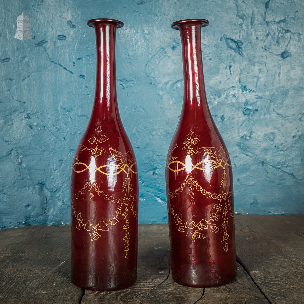 Bohemian Ruby Decanters, Etched Flashed Ruby Red Glass Decorated with Grapes and Vines, 19th C