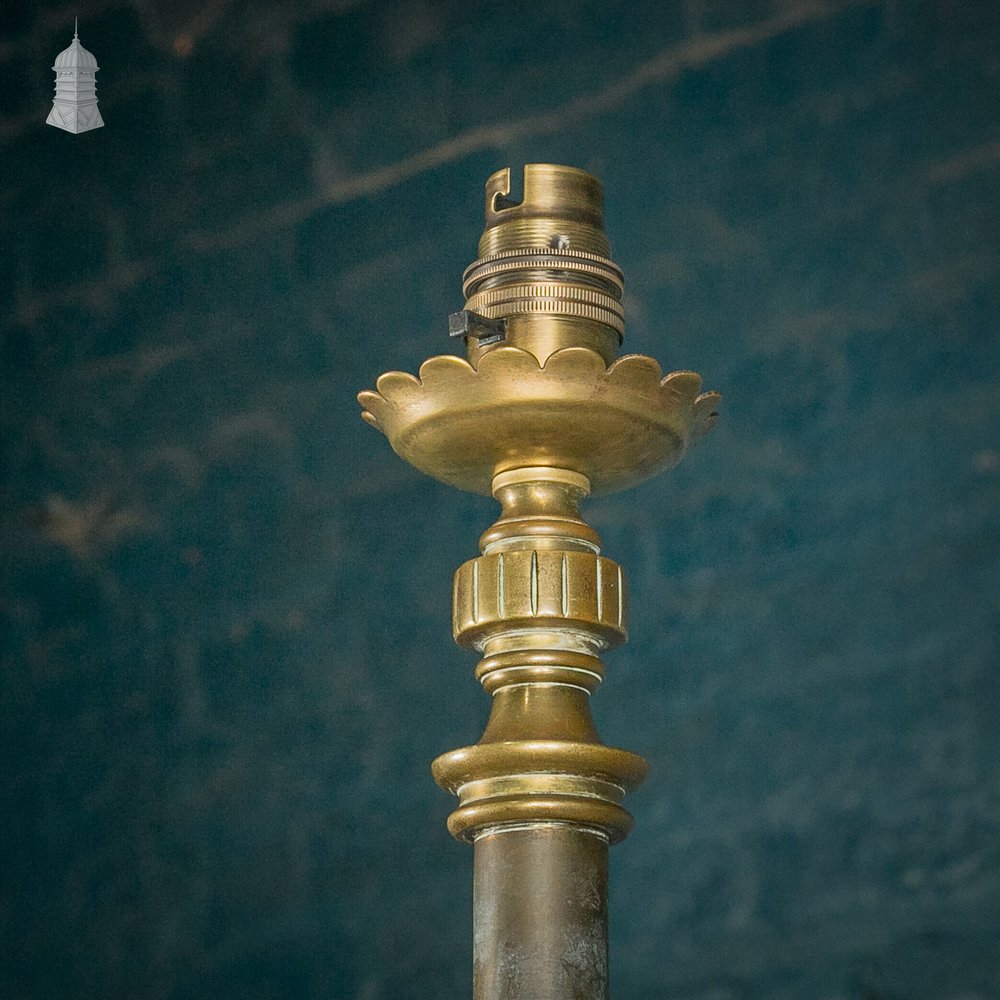 Brass Standard Lamps by Elkington & Co, Adjustable 19th C Neo Classical Corinthian Columns with Paw Feet