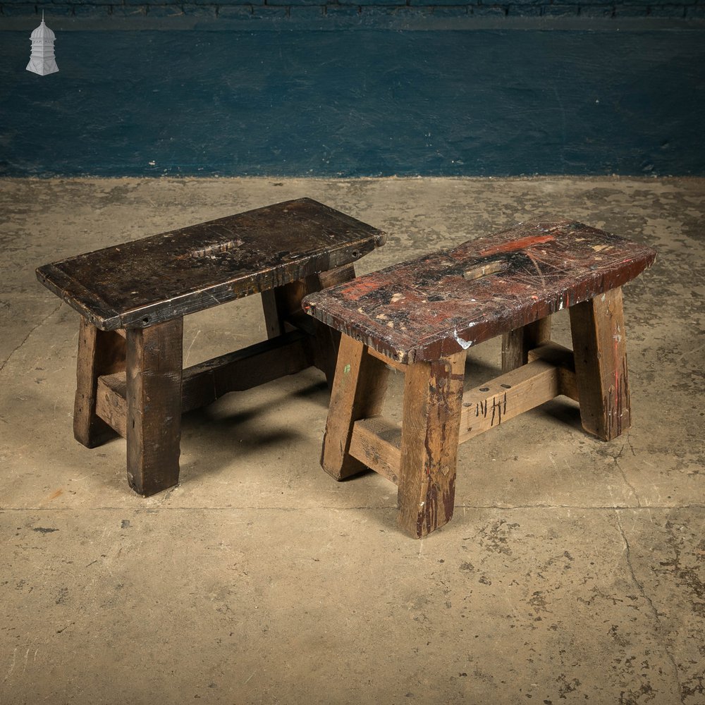 Trestle Step Stools, Pair of Rustic Black Stained Pine Industrial Workshop Stools