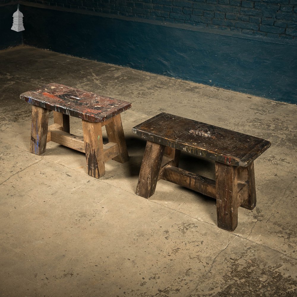 Trestle Step Stools, Pair of Rustic Black Stained Pine Industrial Workshop Stools