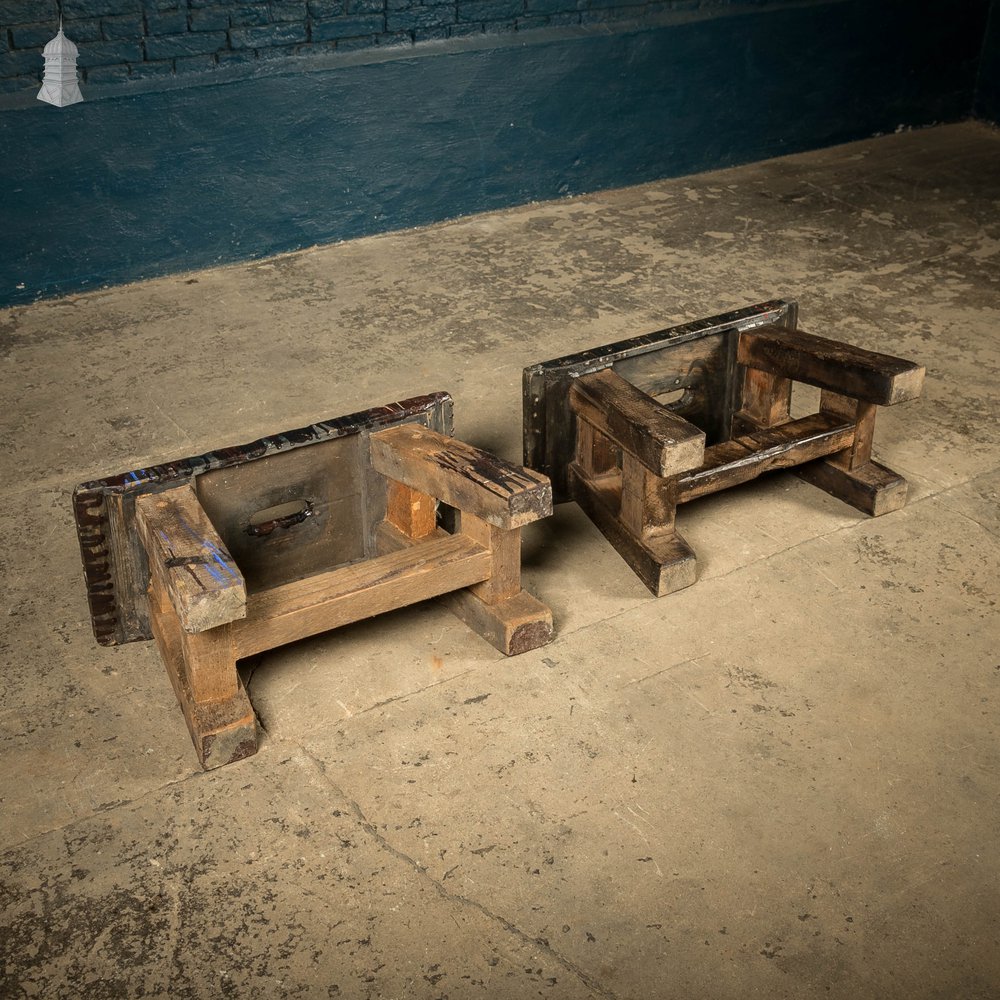 Trestle Step Stools, Pair of Rustic Black Stained Pine Industrial Workshop Stools