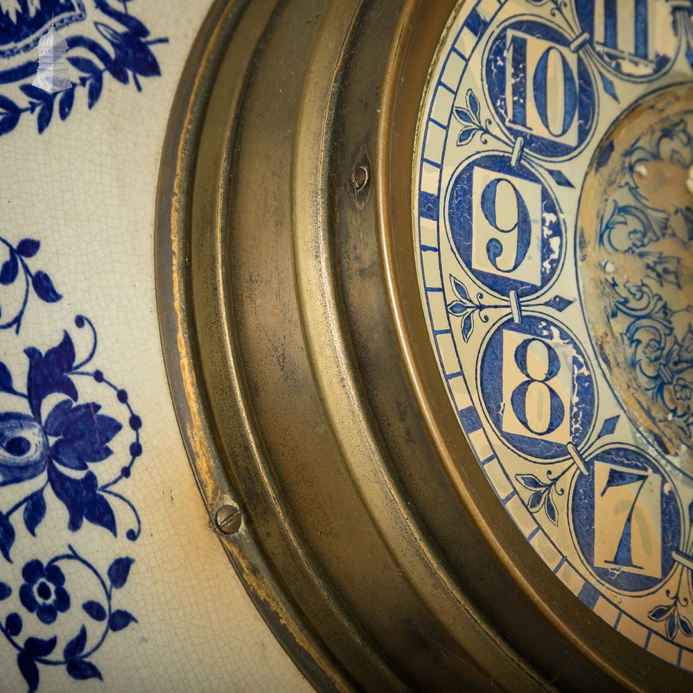 French Wall Clock, 19th C Brass and Blue and White Ceramic