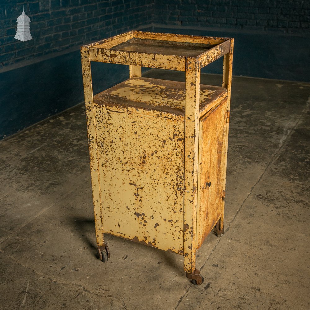 Industrial Wheeled Cabinet, Steel with Distressed Yellow Painted Finish