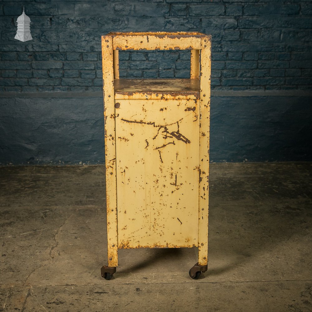 Industrial Wheeled Cabinet, Steel with Distressed Yellow Painted Finish