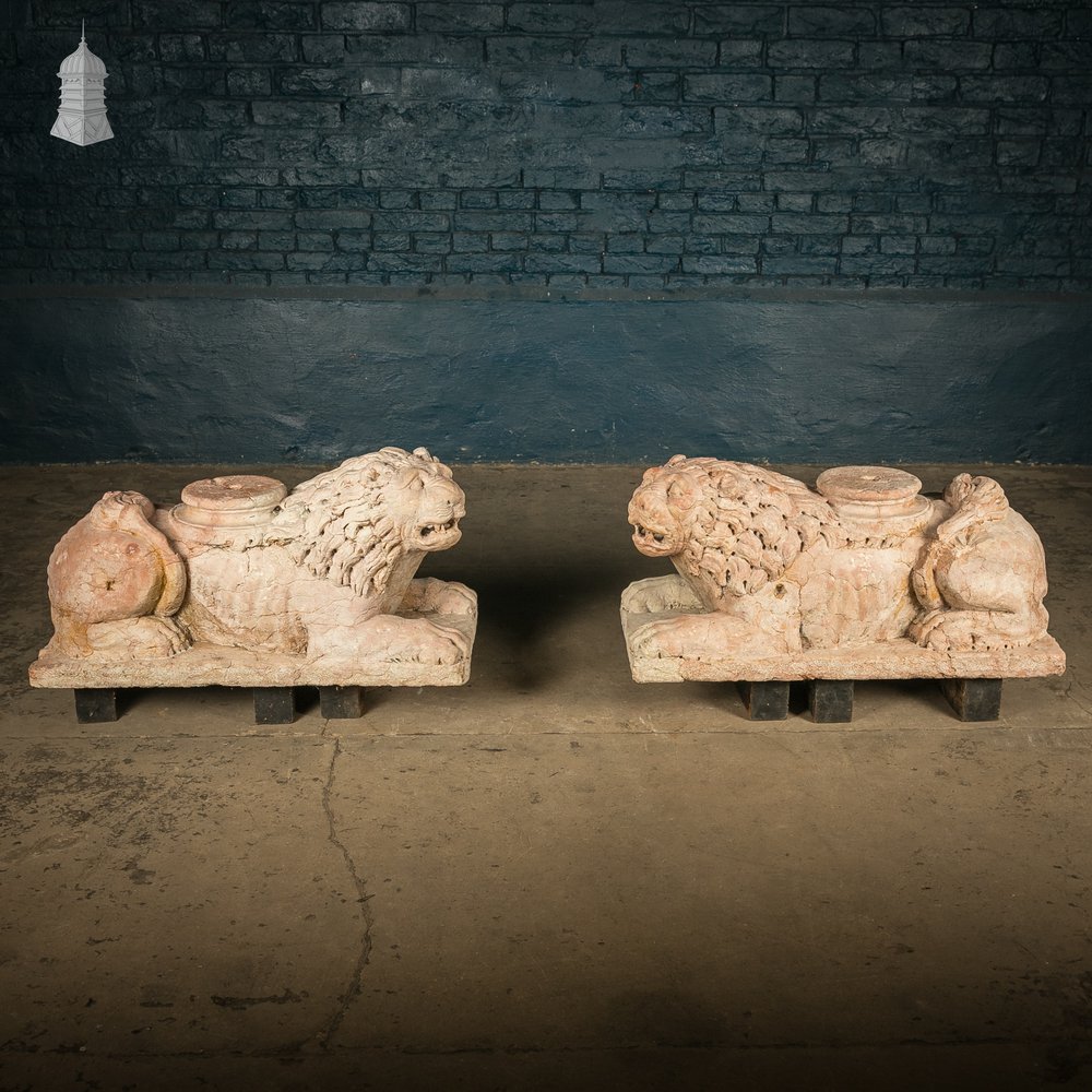 Marble Recumbent Lions, Pair