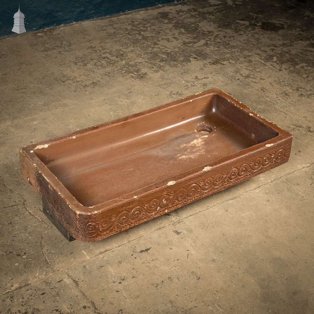 Shallow Trough Sink, 19th C Salt Glazed, Left Hand Return with Decorative Floral Design