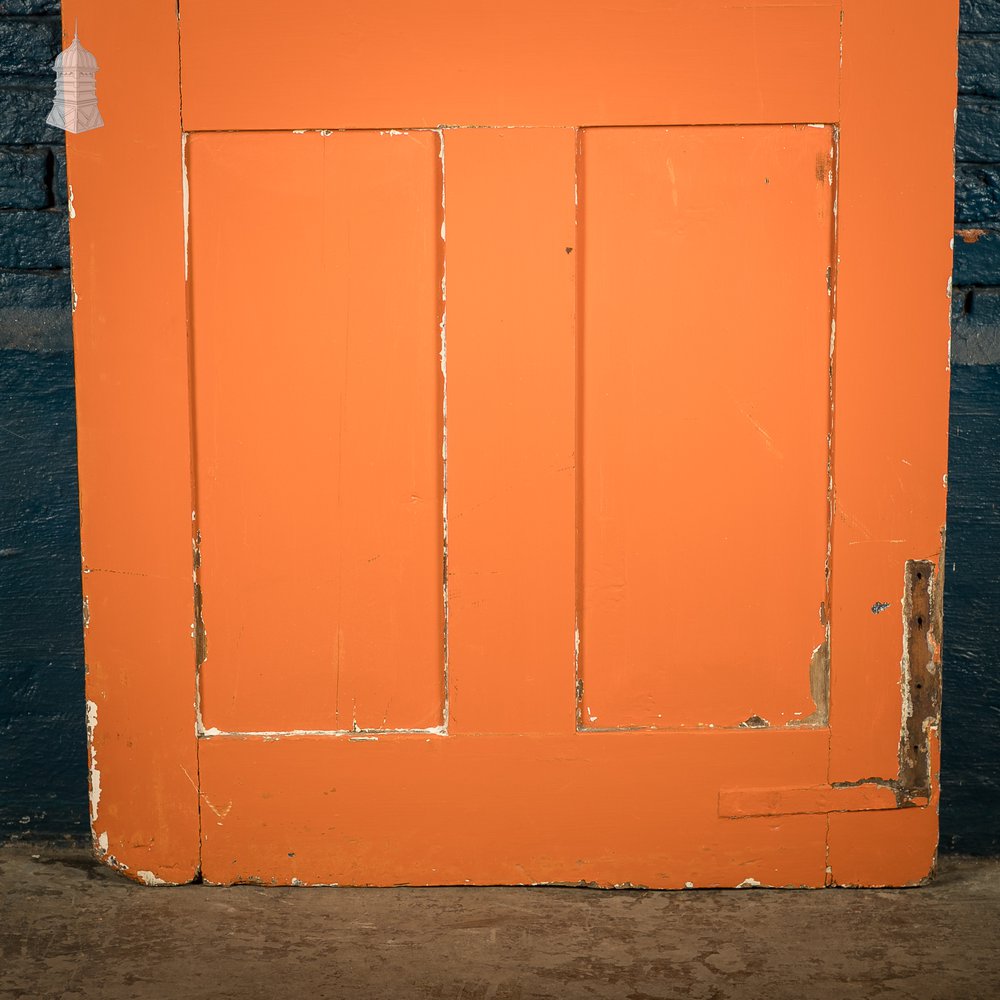 Reclaimed 4-Panel Door – Distressed Orange & Black Paint, Suffolk Latch