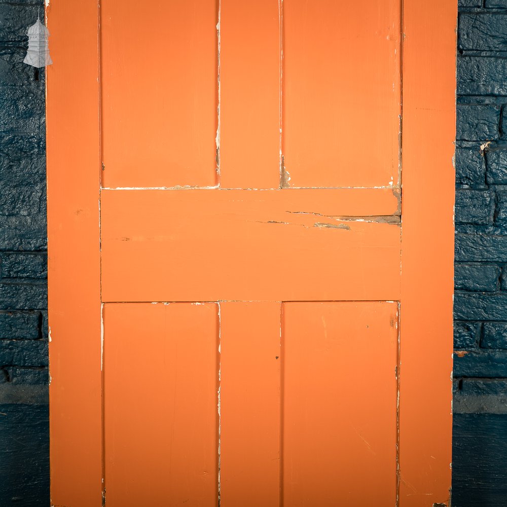 Reclaimed 4-Panel Door – Distressed Orange & Black Paint, Suffolk Latch