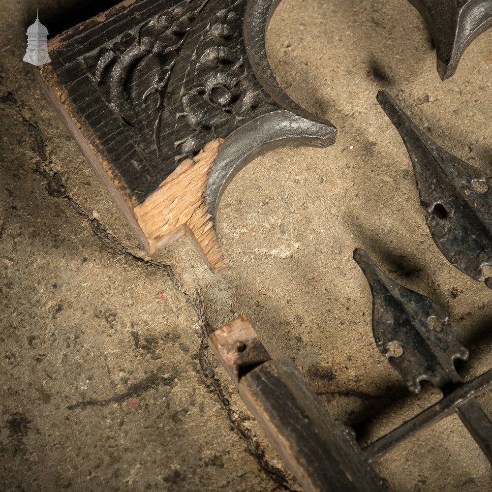 Gothic Gate Frames, 19th C Carved Oak with Cast Iron Elements