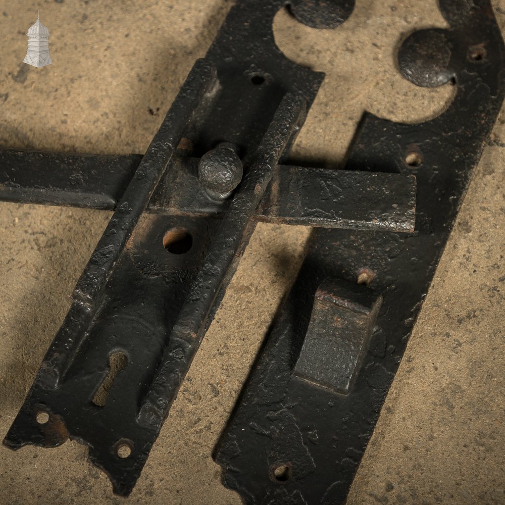 Gate Hinges, 19th C Gothic Style Long, Wrought Iron Set of 4 with Matching Shoot Bolt and Latch