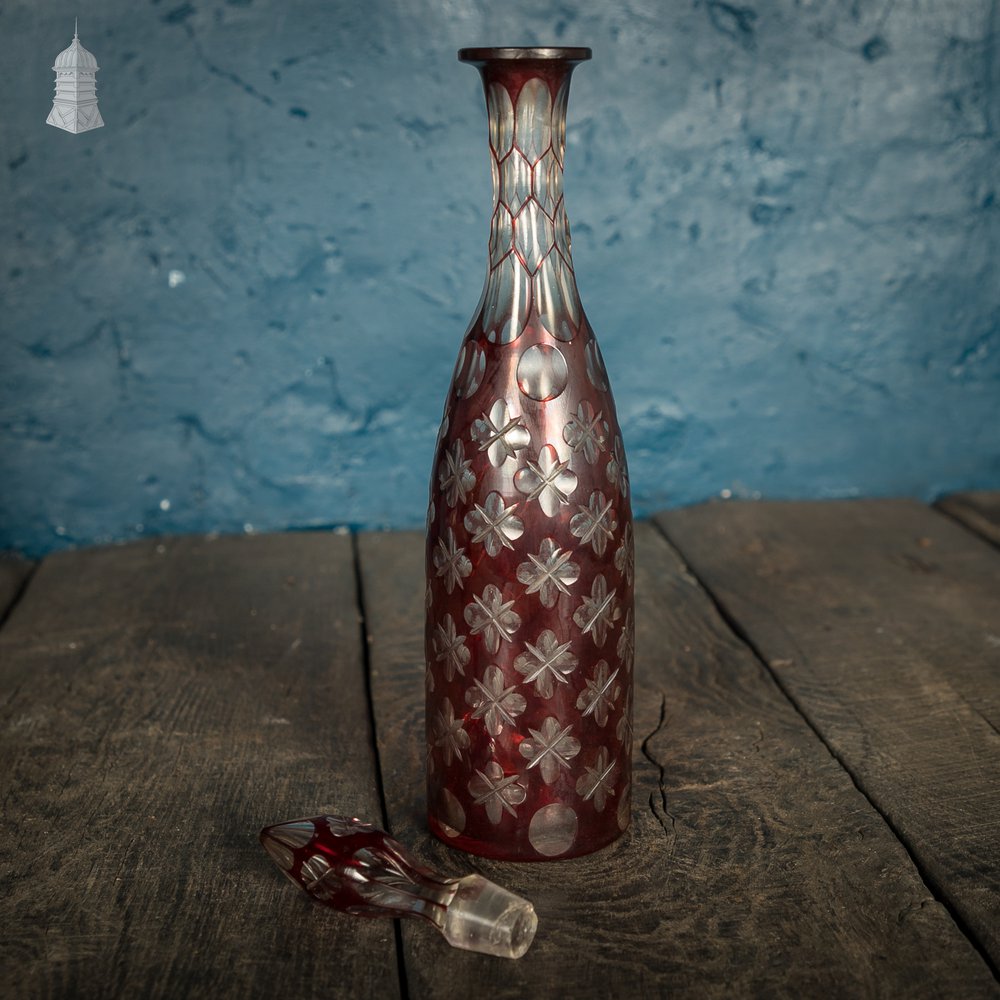 Bohemian Ruby Decanter, Etched Flashed Ruby Red Glass Cut to Clear with Decorative Design, 19th C