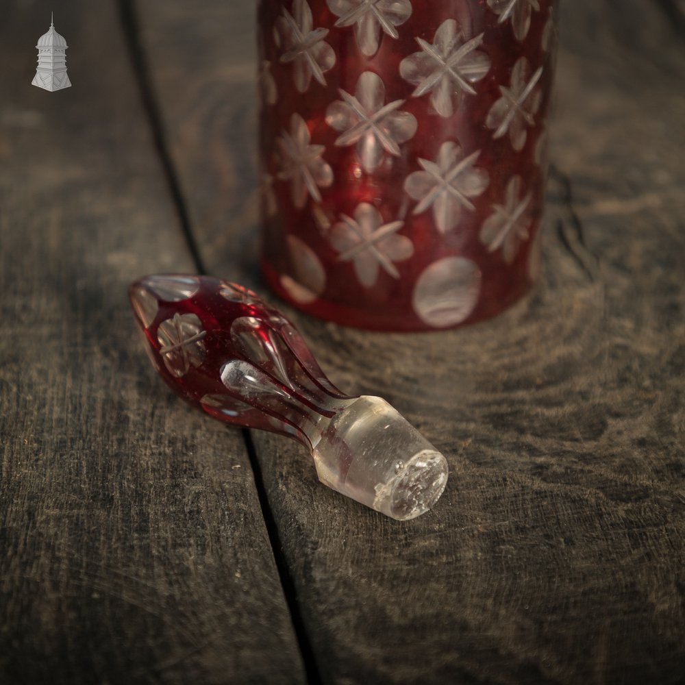 Bohemian Ruby Decanter, Etched Flashed Ruby Red Glass Cut to Clear with Decorative Design, 19th C