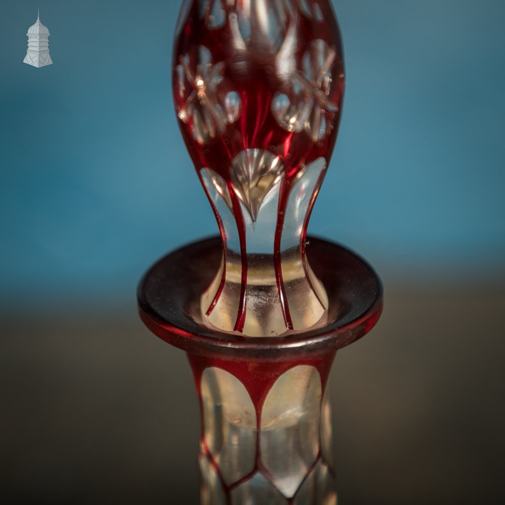 Bohemian Ruby Decanter, Etched Flashed Ruby Red Glass Cut to Clear with Decorative Design, 19th C