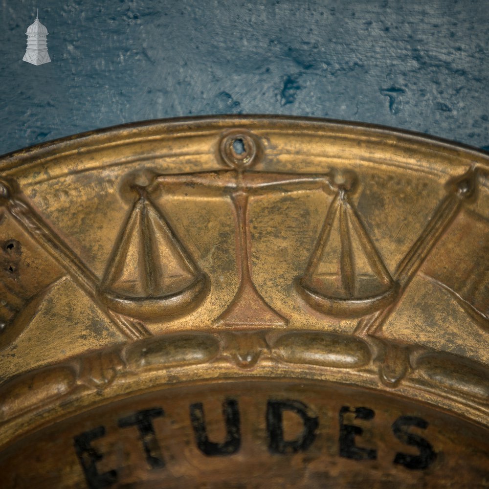 Court Bailiff Sign, French, Brass with painted logo “Etudes & Hussier Greffier” – Studies & Bailiff Clerk