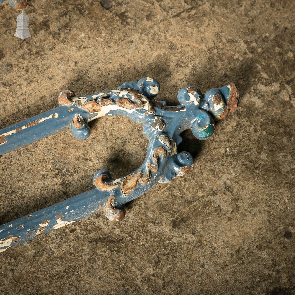 Batch of 7 Victorian Cast Iron Balustrade Elements With Distressed Blue Painted Finish