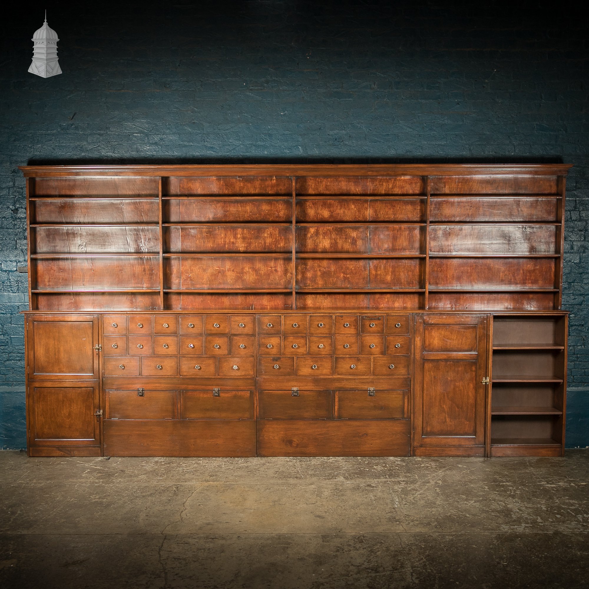 Large 19th C Mahogany Chemist Haberdashery Wall Shelving Unit with